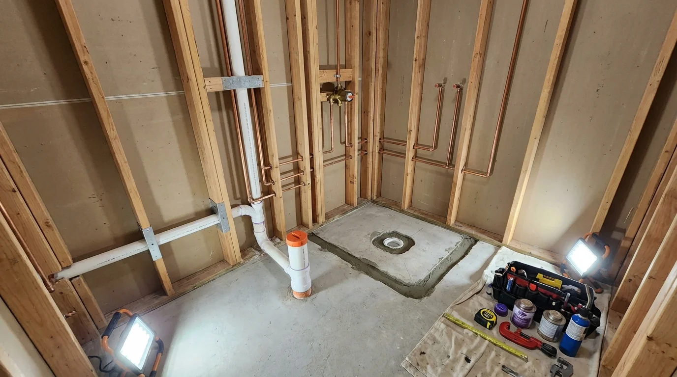 Bathroom rough-in plumbing during remodel by Johns Plumbing LLC in Goddard
