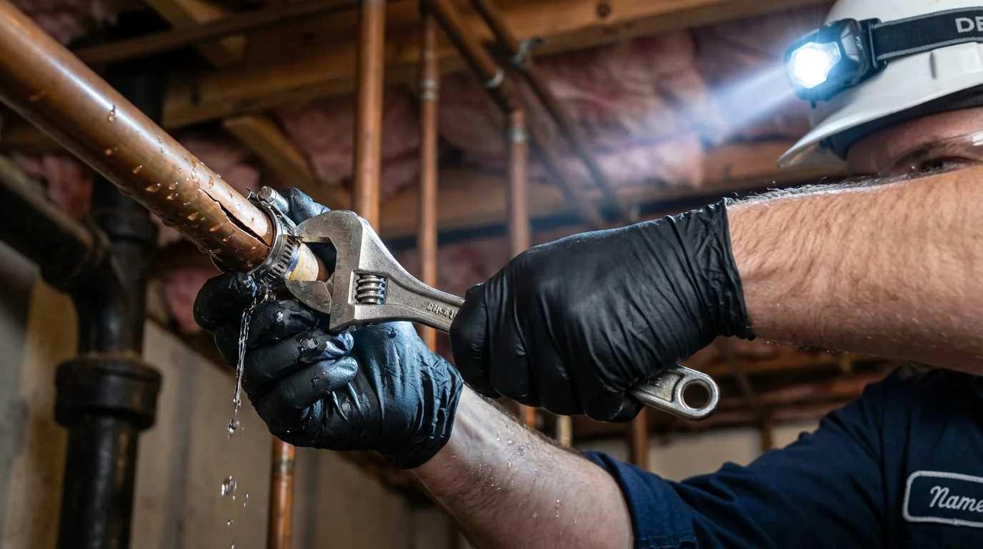 Emergency pipe clamp repair being performed by a Johns Plumbing LLC plumber in Goddard