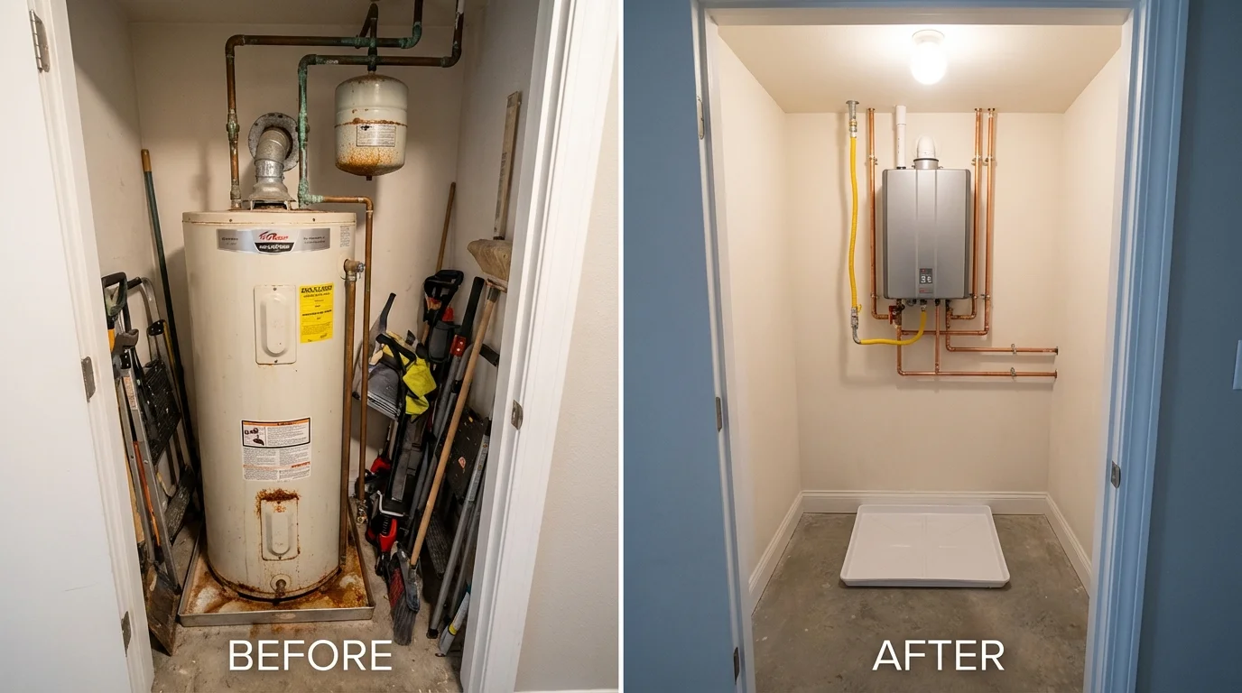 Tank water heater versus wall-mounted tankless unit comparison for Goddard, KS homeowners