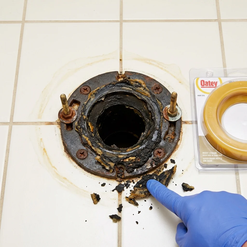 Failed wax ring showing water seepage at the base of a toilet in a Goddard, KS home