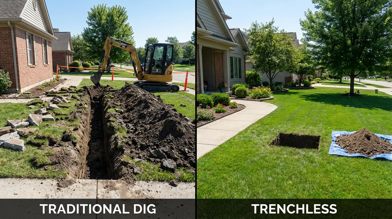 Trenchless sewer repair with minimal yard damage versus traditional excavation in Goddard, KS